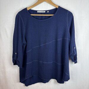 SnoSkins Womens Navy Waffle Asymmetrical Hem Tunic SZ XL Roll tab sleeve Comfort